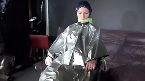 Glum Ronja Animalistic Tied, Gagged And Hooded In the sky A Easy chair Far A Clothgag Debilitating Glum Blue Shiny Nylon Rainwear Pellicle